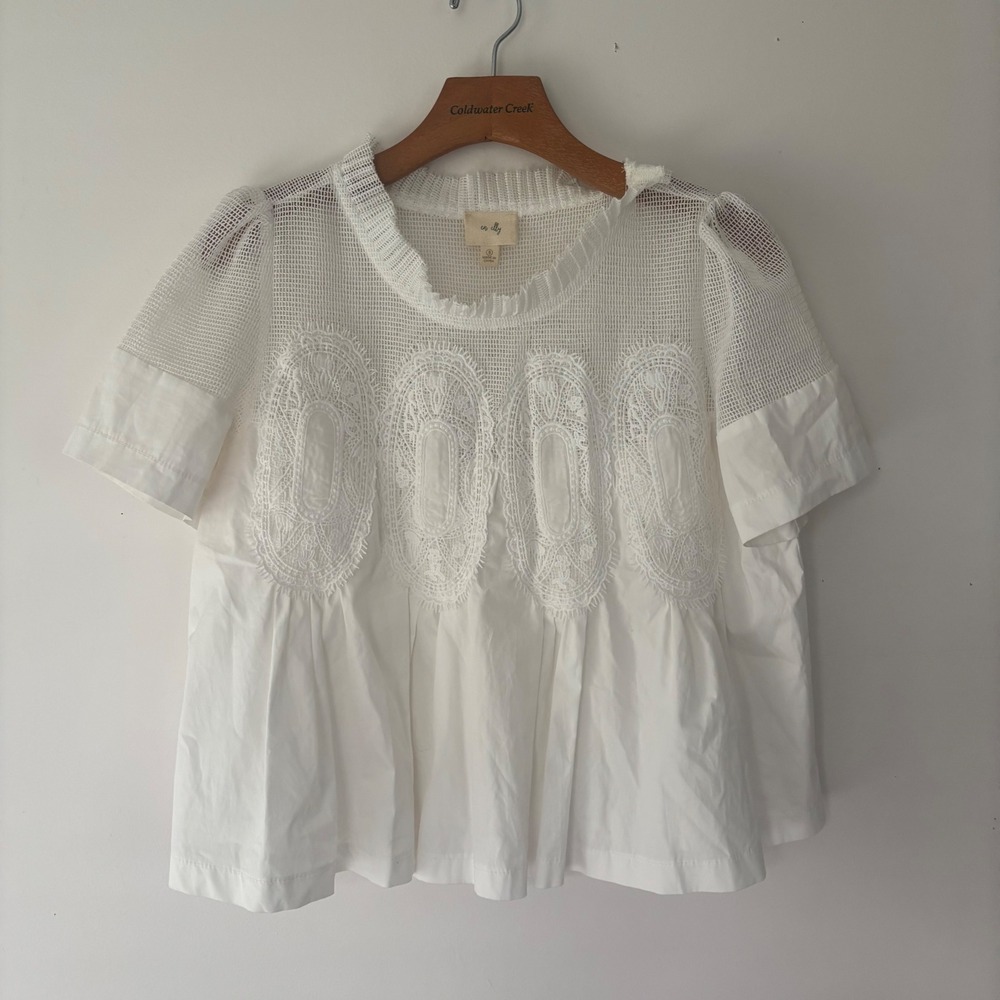 En Elly Small Top White Mesh Lace Babydoll Blouse Short Sleeve Ruffle Neck
